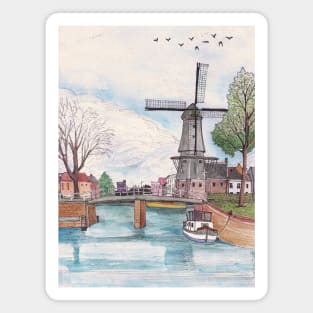 De Adriaan Windmill Haarlem Netherlands Watercolor Ink Travel Art Magnet